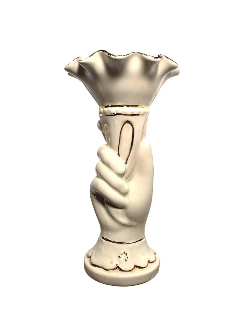 Vtg Vase Ceramic Hand Fluted Signed 1958 ruffle cream gold tone fingers torch